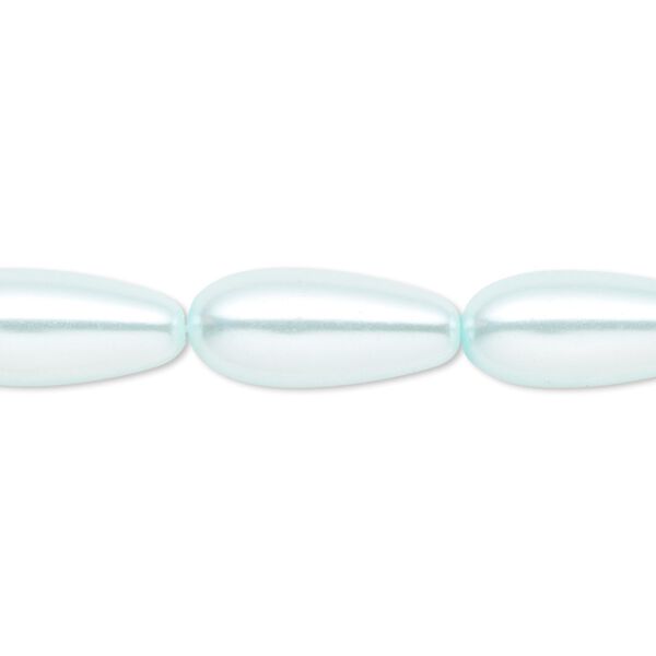 Bead, crystal pearl, light blue, 15x7mm-18x8mm teardrop. Sold per 15-1/2" to 16" strand, approximately 20 beads. image number 0