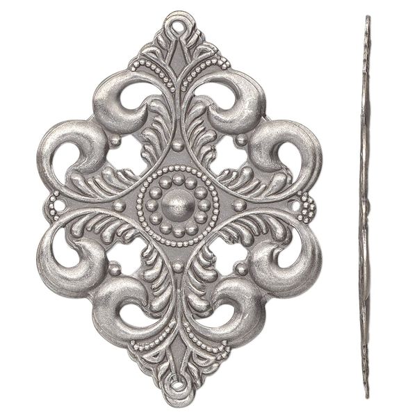 Focal, antique silver-plated steel, 42x30mm single-sided filigree diamond with 4 loops. Sold per pkg of 10. image number 0