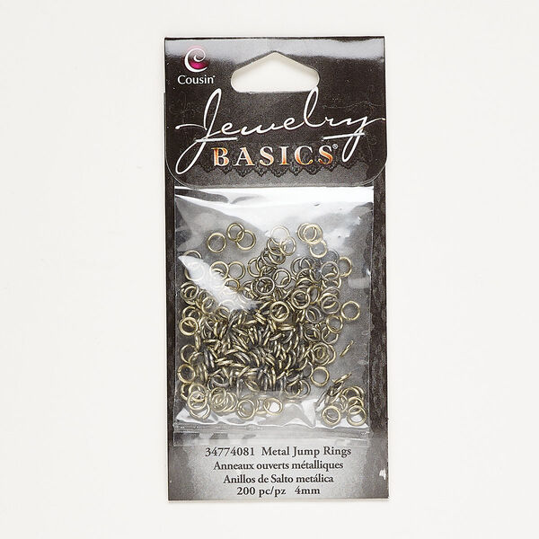 Jump ring mix, gold- and brass-finished steel, 4mm round, 20 gauge, 2.6mm inside diameter. Sold per pkg of 200. image number 0