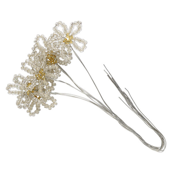Wire pick, glass and steel, silver-lined clear and yellow, 4-1/2 inches with 20x19mm flower. Sold per pkg of 6. image number 0