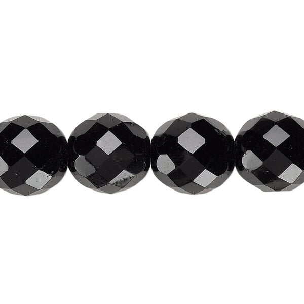 Bead, Czech fire-polished glass, pkg/15-1/2 to 16 inches, 12mm faceted round, opaque jet black, (23980). image number 0