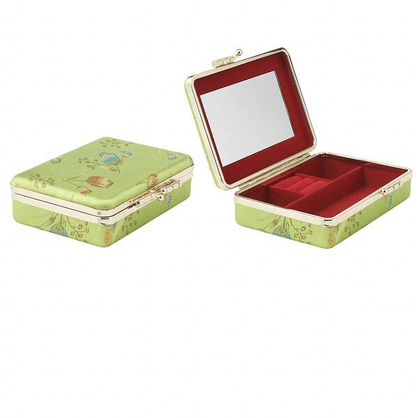 Jewelry case, glass / velveteen / rayon / gold-finished steel, green / red / multicolored, 4-1/2 x 3 inches with 3-1/2 x 2-inch mirror. Sold individually. image number 0