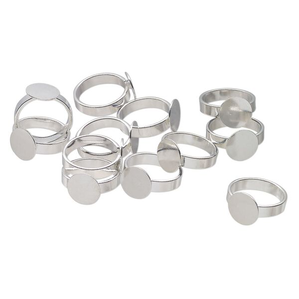 Ring, silver-finished brass, adjustable from size 7, 12mm with 12mm setting. Sold per pkg of 12. image number 0