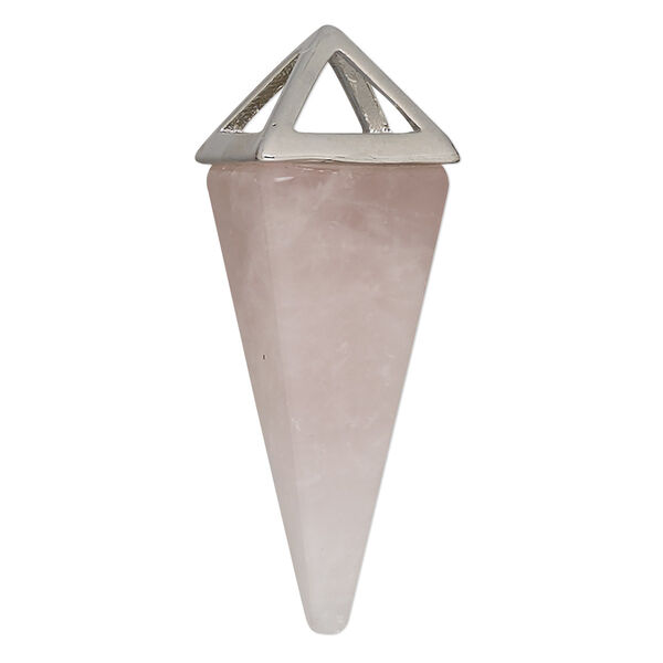 Rose quartz / "pewter" (zinc-based alloy) 1pkg1, imitation rhodium-finished hand-cut 4-sided point focal natural C grade, 36x15mm-42x15mm image number 0
