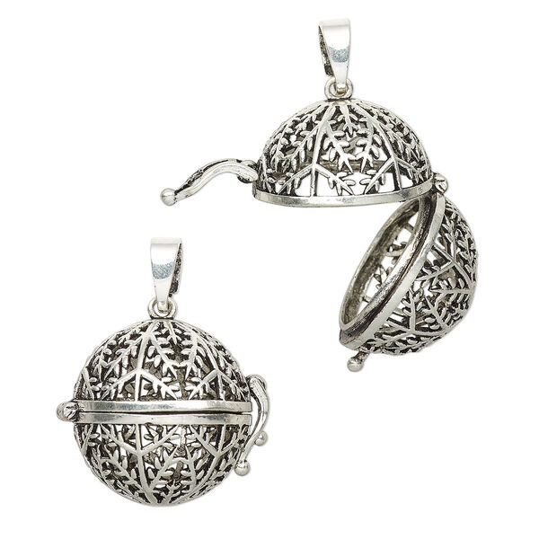 Drop, antique silver-finished brass, 24mm round bead cage with cutout snowflake design and safety latch, fits up to 17mm bead. Sold individually. image number 0