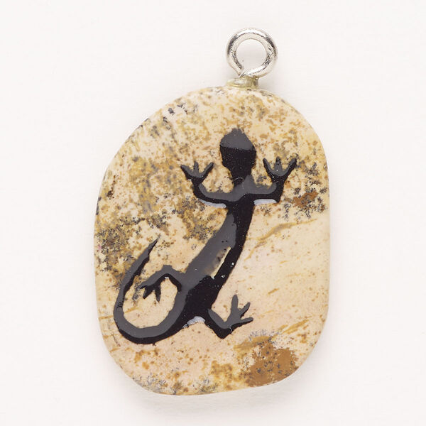Focal, steel/picture jasper (natural)/enamel, pkg/1, silver finish and black, 30x24mm-39x27mm single-sided puffed freeform with salamander, B grade. image number 0