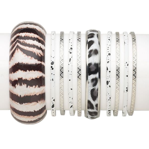 Bracelet mix, bangle, vinyl / polyester / silver-finished steel, white and black, 3-29mm wide with mixed design, 8 inches. Sold per 10-piece set. image number 0