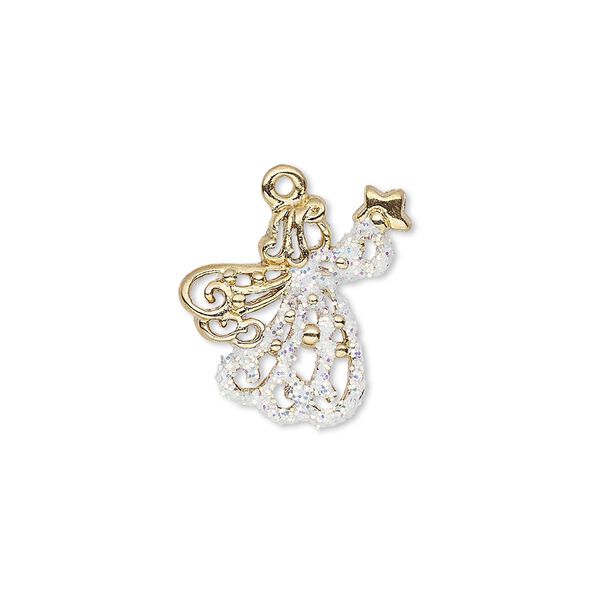 Charm, enamel and gold-finished "pewter" (zinc-based alloy), white with glitter, 17mm single-sided angel with star. Sold individually. image number 0