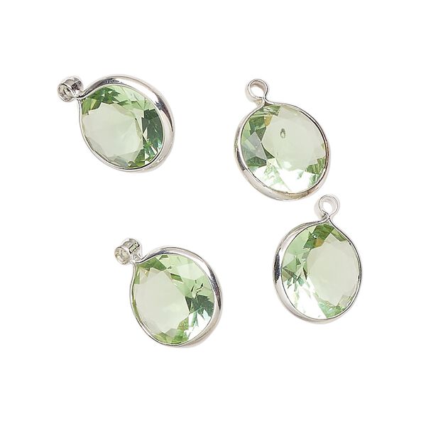 Drop, silver-finished brass, translucent peridot green, 10mm faceted round with open back. Sold per pkg of 4. image number 0