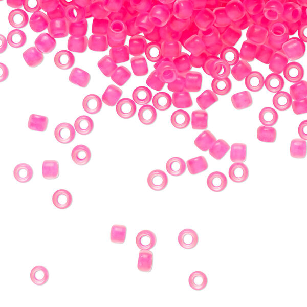Seed bead, TOHO BEADS®, glass, pkg/250g, #8 round, opaque matte neon pink-lined crystal clear (TR-08-971). image number 0
