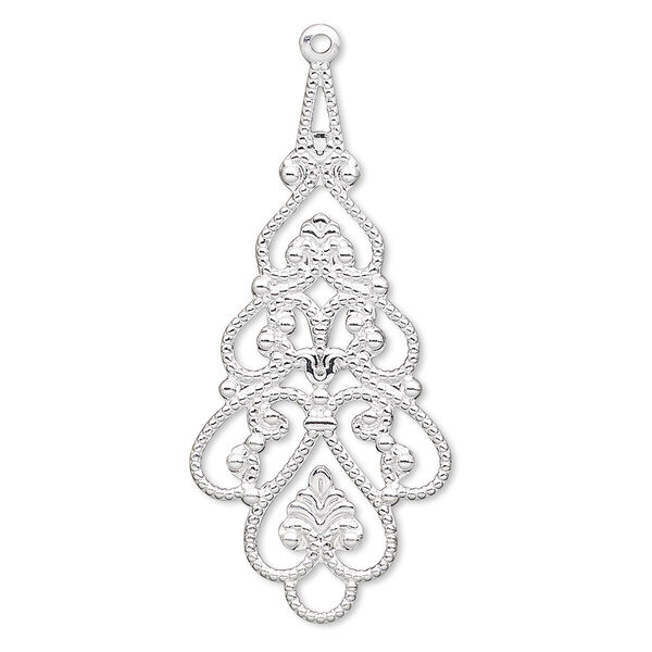 Focal, silver-plated brass, 38x18mm filigree teardrop. Sold per pkg of 10. image number 0