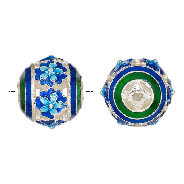 Bead, silver-finished and enamel, light blue / blue / green, 19mm round with cutout flower design. Sold individually. image number 0