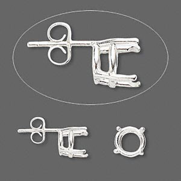 Earstud, Sure-Set™, sterling silver, 8mm with 4-prong round basket setting. Sold per pair. image number 0