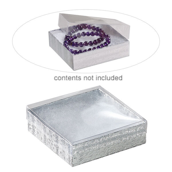 Box, plastic and paper, "cotton"-filled, silver and clear, 3-1/2 x 3-1/2 x 1-inch square. Sold per pkg of 10. image number 0