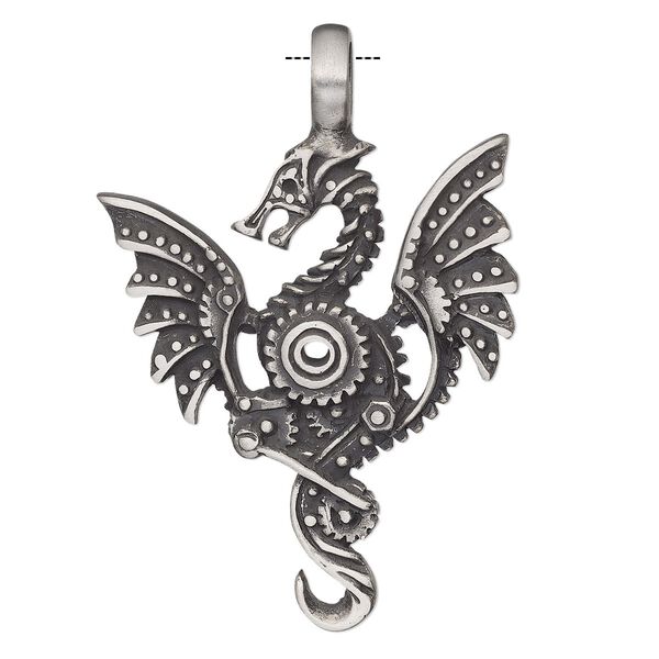 Pendant, Powerful Pewter Pendants, antiqued pewter (tin-based alloy), 59x40mm single-sided steampunk dragon with 6mm hole. Sold individually. image number 0