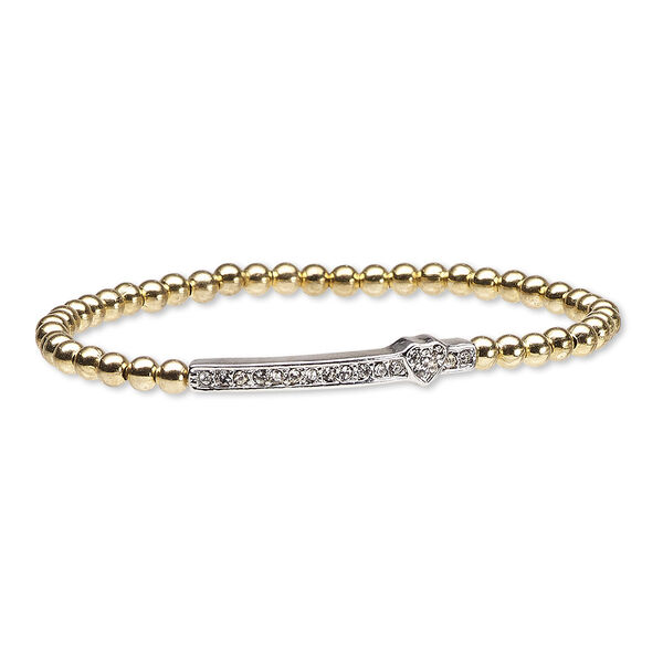 Bracelet, stretch, Czech glass rhinestone / gold-finished brass / imitation rhodium-plated "pewter" (zinc-based alloy), clear, 6mm wide with 33x6mm rectangle and heart, 6-1/2 inches. Sold individually. image number 0
