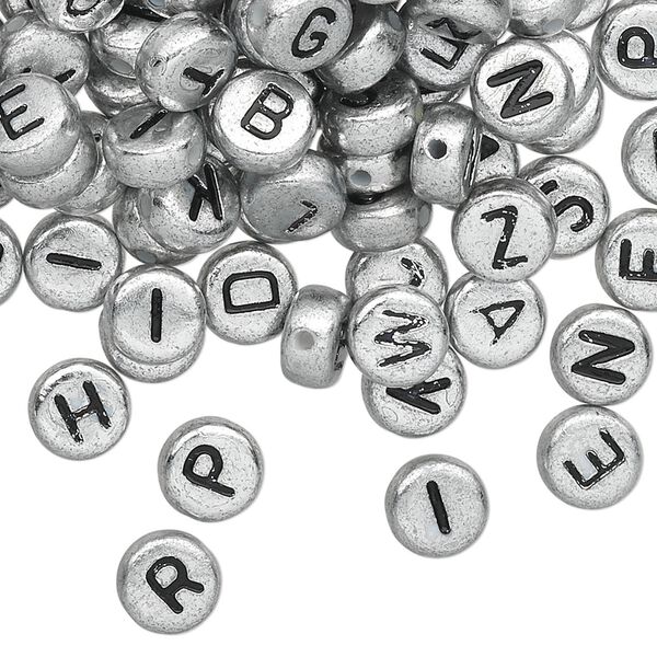 Bead mix, acrylic, opaque silver and black, 7mm double-sided flat round with alphabet letters. Sold per pkg of 200. image number 0