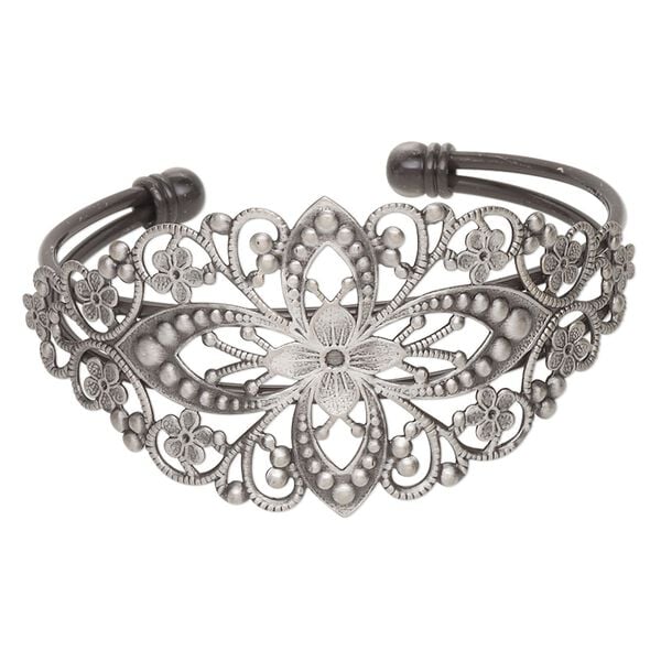 Bracelet, cuff, antique silver-plated brass, 35mm wide with filigree flower design, adjustable from 6-7 inches. Sold individually. image number 0