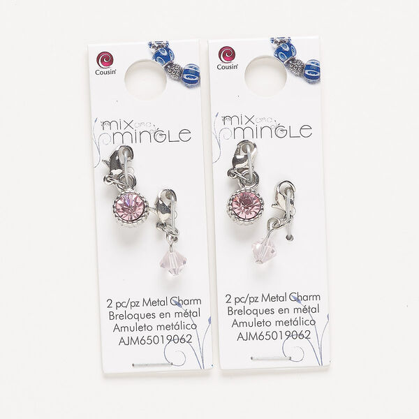 Drop, silver-finished "pewter" (zinc-based alloy) / steel / glass, pink, 22x7mm single-sided and 24x9mm single-sided with lobster claw clasp. Sold per pkg of (2) 2-piece sets. image number 0