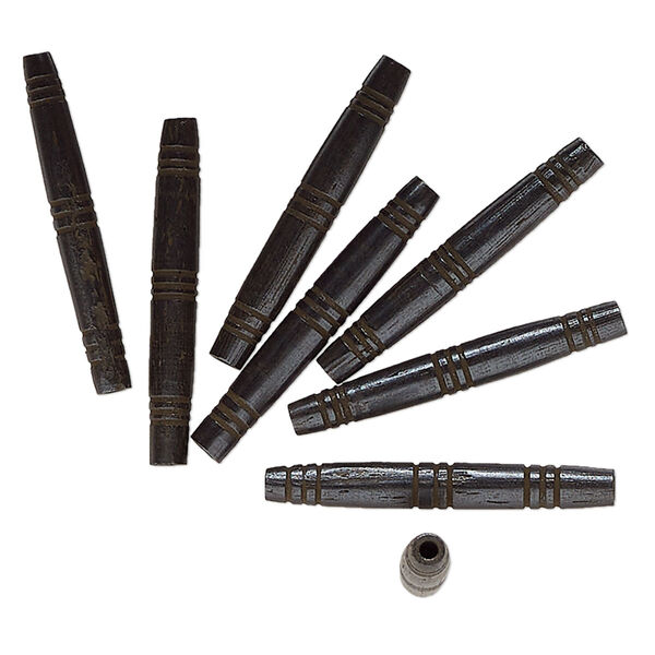 Bead, bone (dyed), black, 36x5mm-35x4.5mm tube. Sold per pkg of 8. image number 0