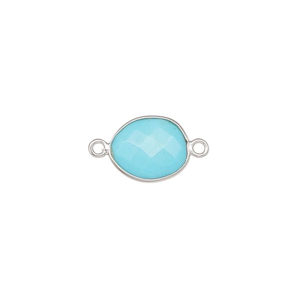 Link, magnesite (dyed / stabilized) and sterling silver, turquoise blue, 9x7mm-12x10mm oval with 8x6mm-11x9mm hand-cut double-sided faceted flat freeform oval. Sold individually. image number 0