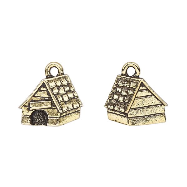 Charm, TierraCast®, "Spot and Whiskers" collection, antique gold-plated pewter (tin-based alloy), 15x12mm two-sided dog house. Sold per pkg of 2. image number 0