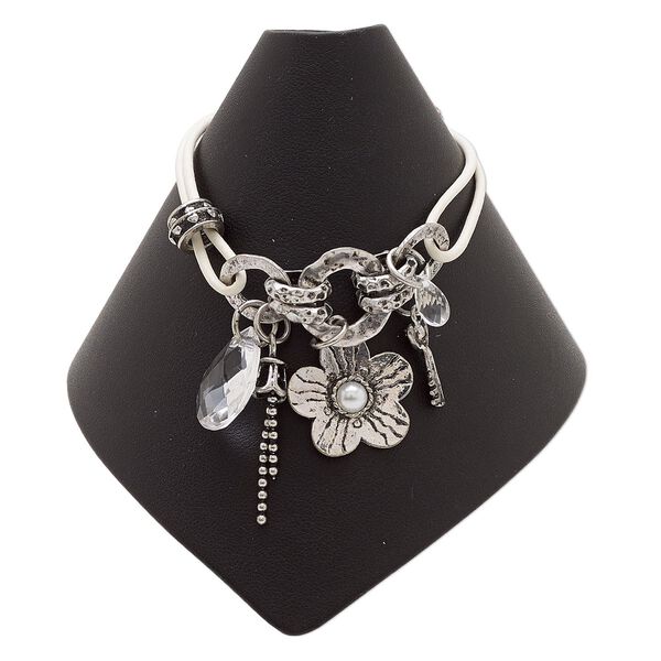 Bracelet, acrylic / plastic / antique silver-plated copper / steel / "pewter" (zinc-based alloy), cream and clear, 7 inches with 2-1/2 inch extender chain and lobster claw clasp. Sold individually. image number 0