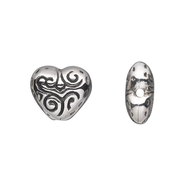 Bead, antiqued silver-finished copper-coated plastic, 15x13mm double-sided heart. Sold per 50-gram pkg, approximately 60 beads. image number 0