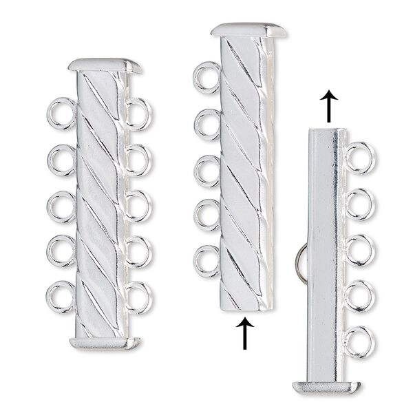 Clasp, 5-strand slide lock, silver-plated brass, 31x7mm corrugated rectangle tube. Sold per pkg of 4. image number 0