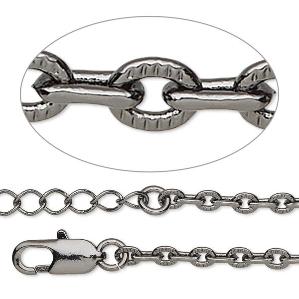 Chain, gunmetal-plated brass, 3mm textured cable, 16 inches with lobster claw clasp and 1 to 3 inches extender chain. Sold individually. image number 0