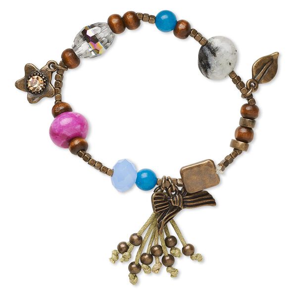 Bracelet, stretch, agate (natural / dyed) / wood (dyed) / glass / waxed cotton cord / antique brass-finished "pewter" (zinc-based alloy) / brass / steel, multicolored, 13mm wide, 6 inches. Sold individually. image number 0