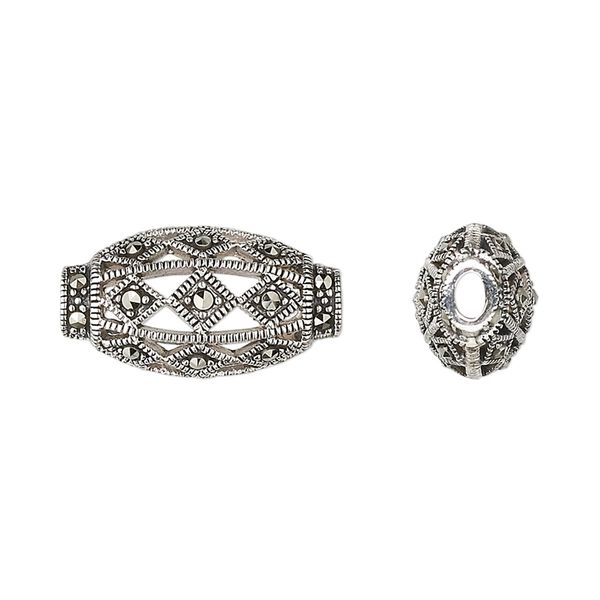 Marcasite / sterling silver 1pkg1, flat oval bead natural 20x11mm image number 0