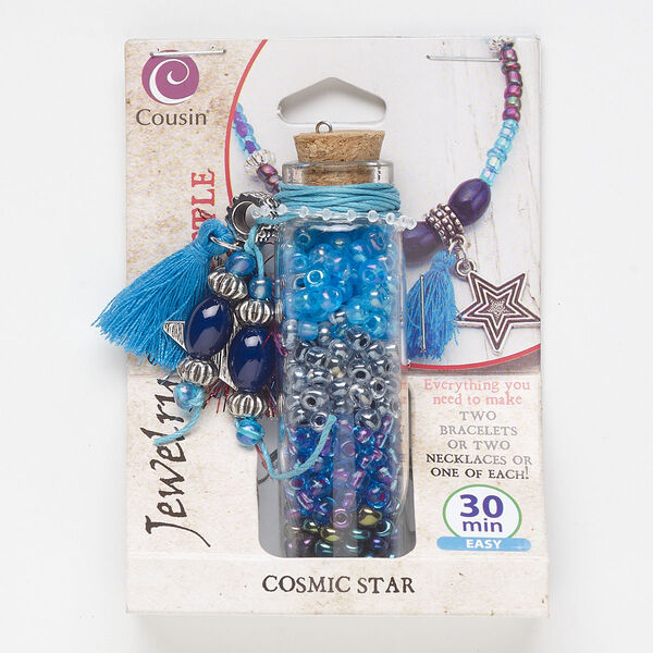 Necklace or bracelet kit, glass / steel / antique silver-finished "pewter" (zinc-based alloy) / cork / cotton, mixed colors, star theme. Sold per set. image number 0