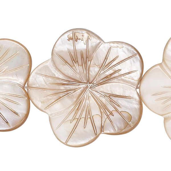 Bead, mother-of-pearl shell (dyed), tan, 30x29mm-31x30mm carved flat flower, 0.6-0.8mm hole, Mohs hardness 3-1/2. Sold per 15-inch strand. image number 0