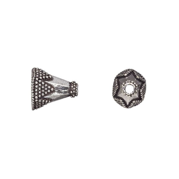 Cone, antique silver-plated brass, 11x10mm beaded hexagonal, 7x6mm hole. Sold per pkg of 6. image number 0