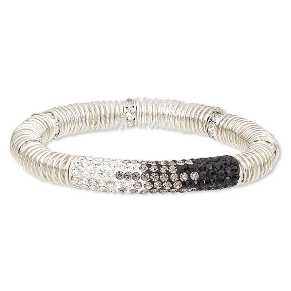 Bracelet, stretch, glass rhinestone / polymer clay / silver-plated brass / steel / "pewter" (zinc-based alloy), black / white / multi-greys, 9mm wide with 45x9mm curved tube, 7 inches. Sold individually. image number 0