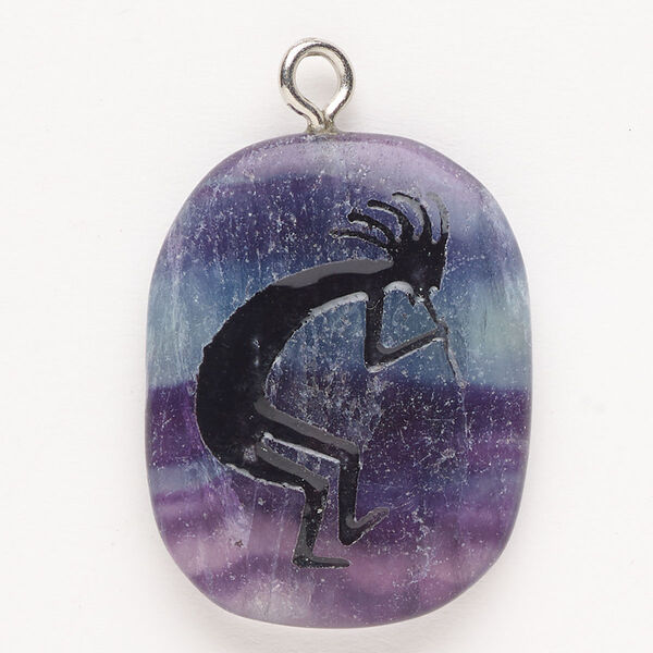 Focal, steel/rainbow fluorite (natural)/enamel, pkg/1, silver finish and black, 32x26mm single-sided puffed freeform with Kokopelli, B- grade. image number 0