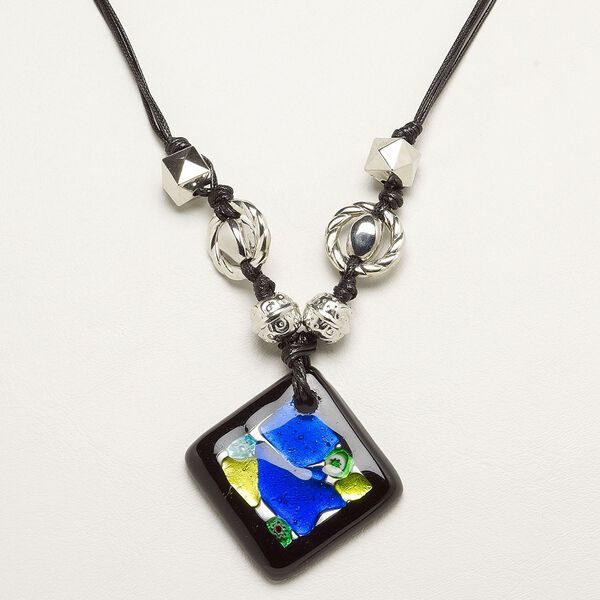 Necklace, glass and plastic, multicolored, 55x42mm diamond pendant with mixed bead accents, 22-inch waxed cotton cord with 2-inch steel extender chain and lobster claw clasp. Sold individually. image number 0
