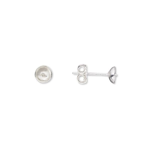 Earstud 1pkg4 sterling silver, 5mm cup with peg / 5-7mm half-drilled round setting, 2 pair image number 0