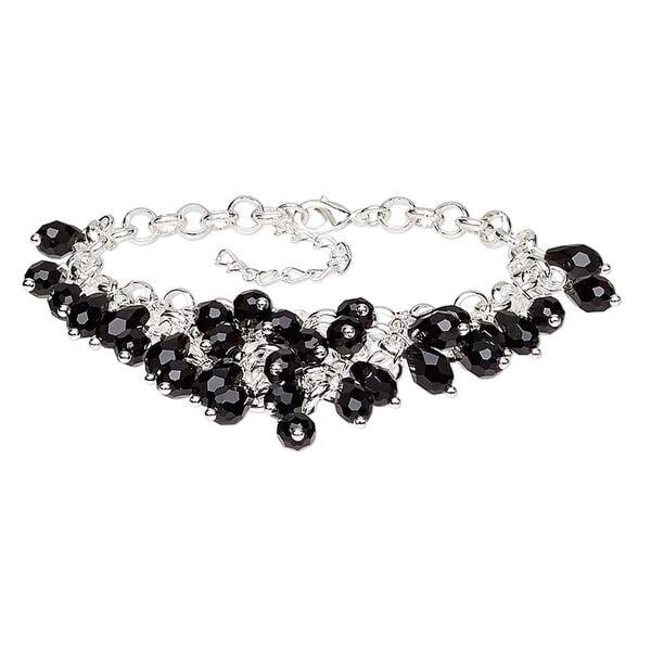 Bracelet, glass with silver-plated steel and "pewter" (zinc-based alloy), black, 18mm wide with 1-3/4 inch drape, 7 inches with 1-3/4 inch extender chain and lobster claw clasp. Sold individually. image number 0