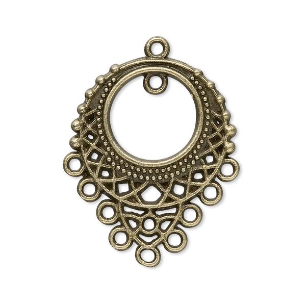 Focal, antique brass-plated "pewter" (zinc-based alloy), 33x25mm single-sided filigree teardrop, 10 loops. Sold per pkg of 20. image number 0