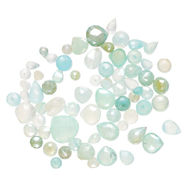 Blue chalcedony / green chalcedony 1pkg1, hand-cut top-drilled / center-drilled faceted mixed shapes bead 1 oz mix 5x3mm-15x15mm image number 0