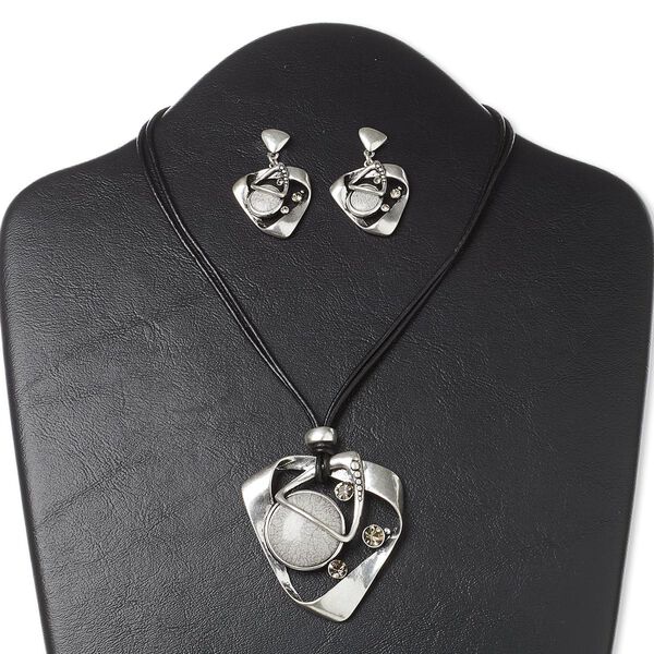Necklace and earring set, 2-strand, resin / leather (dyed) / antiqued silver-finished steel and "pewter" (zinc-based alloy), black / grey / smoke, 57x53mm twisted triangle, 16 inches with 3-inch extender chain and lobster claw clasp, 1-5/8 inch earrings with post. Sold per set. image number 0