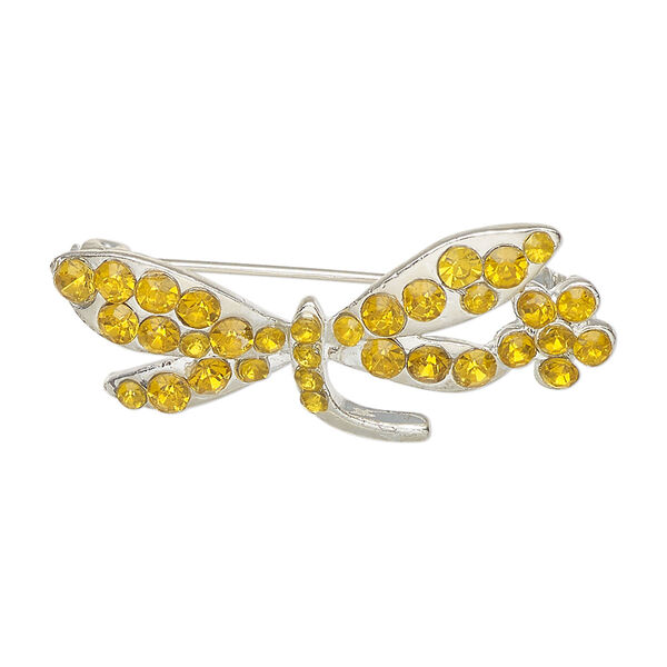 Brooch, silver-finished brass and glass, topaz yellow, 31x12mm-32x13mm dragonfly with flower. Sold individually. image number 0
