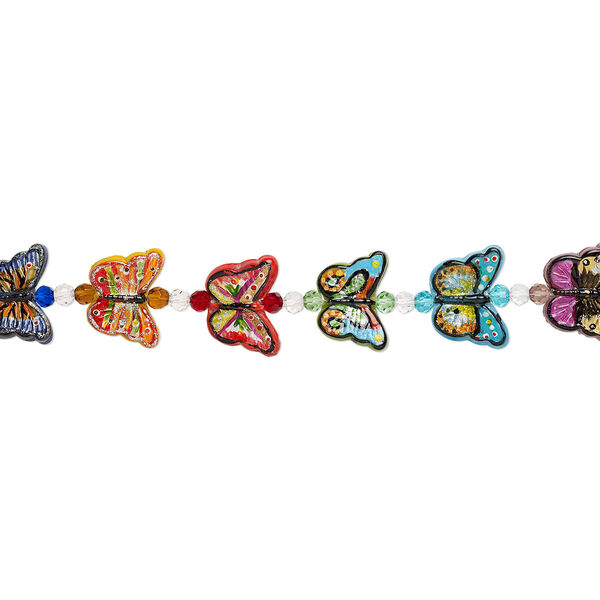 Bead, glass and lampworked glass, multicolored, 6mm faceted round and 28x20mm double-sided butterfly with hand-painted abstract design. Sold per 7-inch strand. image number 0