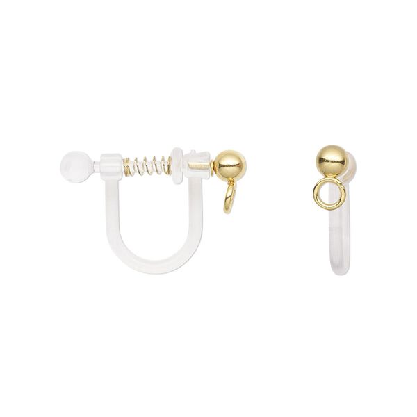 Earring clip-on 1pkg4, 11mm / 3mm ball / open loop / spring closure, gold-finished stainless steel / acrylic clear 2 pair image number 0