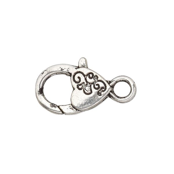 Clasp, lobster claw, antique silver-plated "pewter" (zinc-based alloy), 19.5x12.5mm with double-sided swirl heart design. Sold per pkg of 6. image number 0