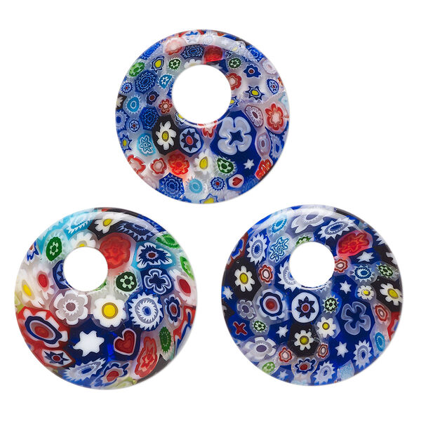 Component, millefiori glass, translucent multicolored, 24-26mm undrilled go-go with flower design. Sold per pkg of 3. image number 0