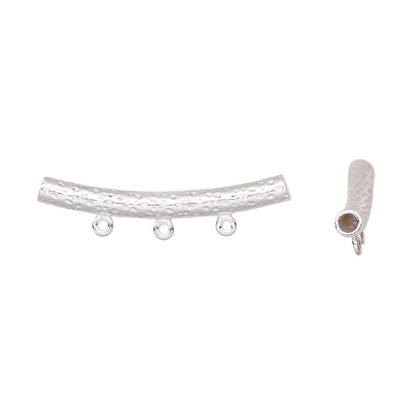 Bead, sterling silver, 27x4.5mm curved tube with dimpled texture and 3 closed loops. Sold individually. image number 0