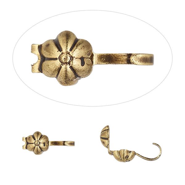 Bead tip, Hot Tips®, antique gold-plated brass, 8x5mm bottom clamp-on flower with open loop. Sold per pkg of 100. image number 0